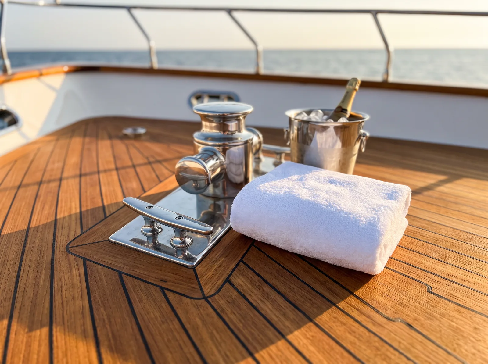 Teak deck detail with folded towel and champagne bucket aboard a charter yacht
