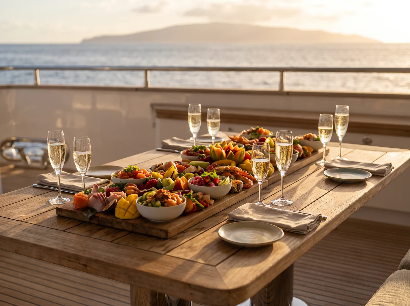 Onboard dining spread with a Japanese-Hawaiian poke grazing board and champagne at sunset