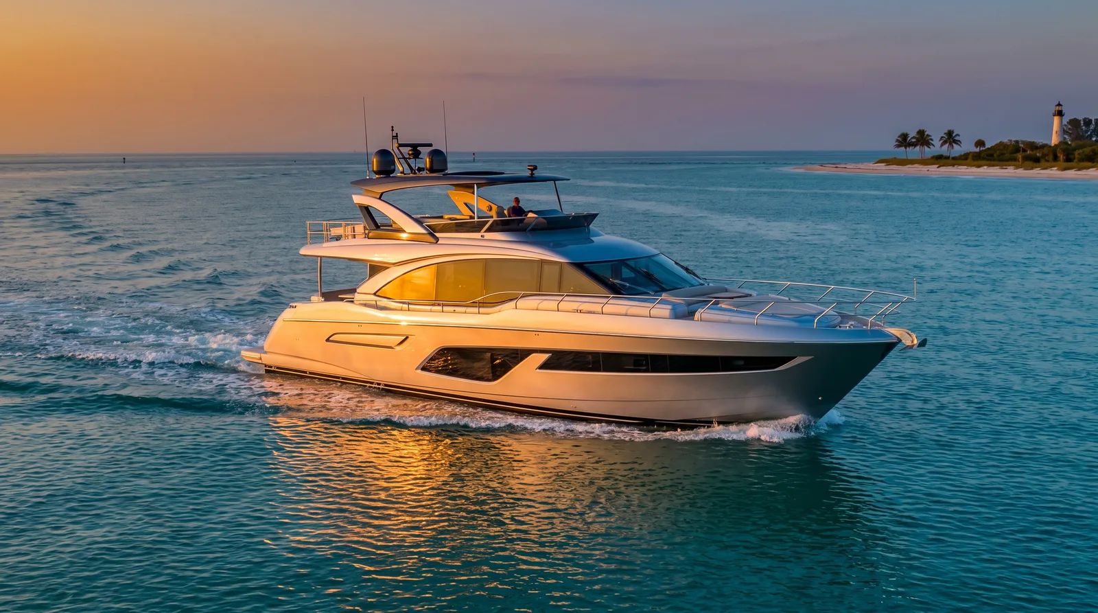 One & Only charter yacht cruising at golden hour off Sarasota, Florida
