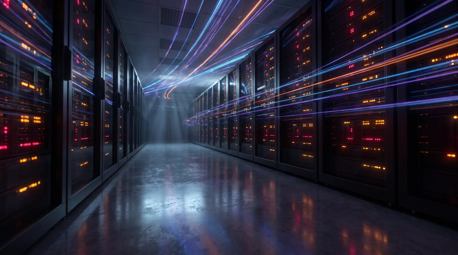 Cinematic data center server hall with fiber optic light trails