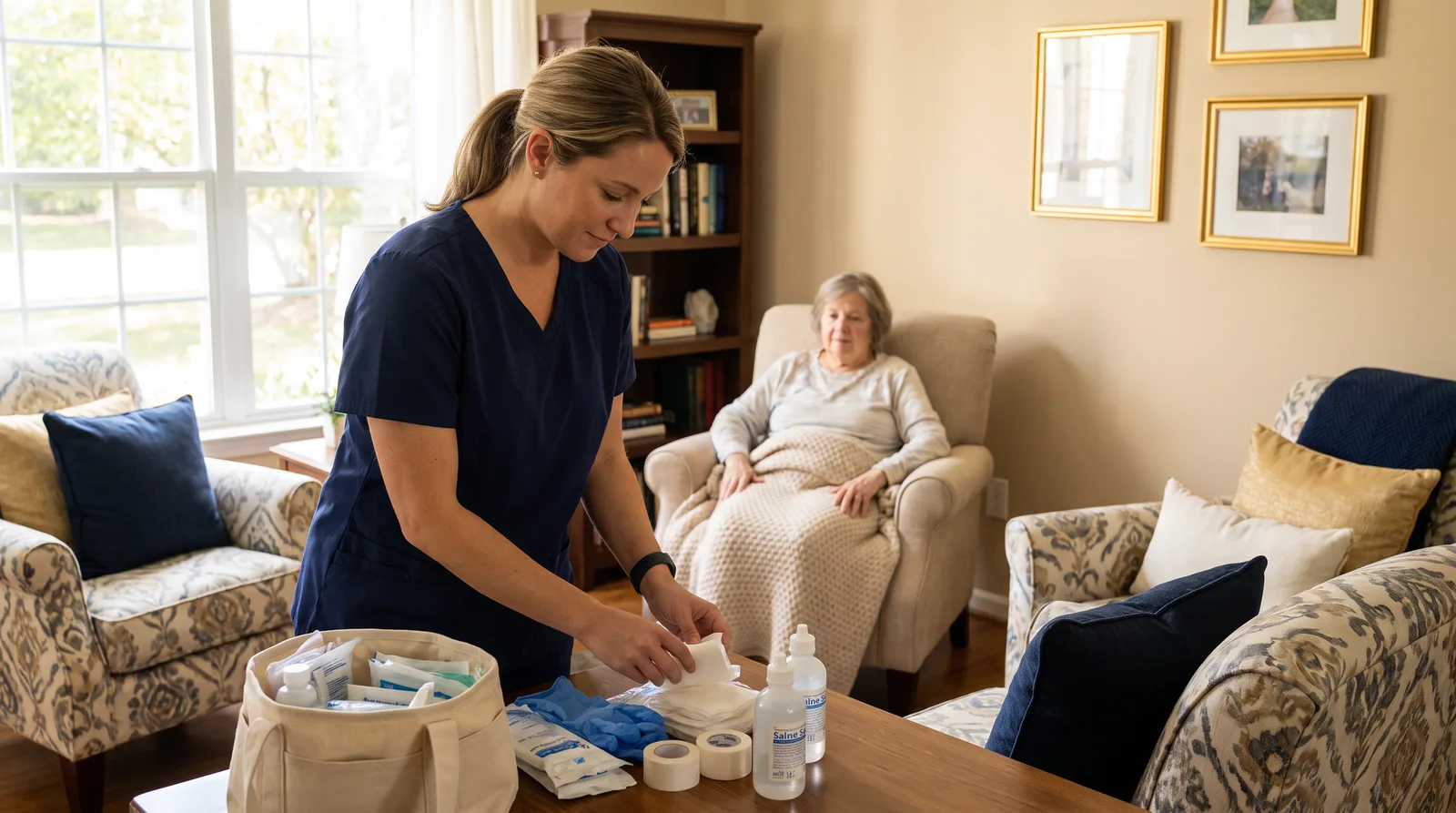 Caregiver preparing wound care supplies in a home setting