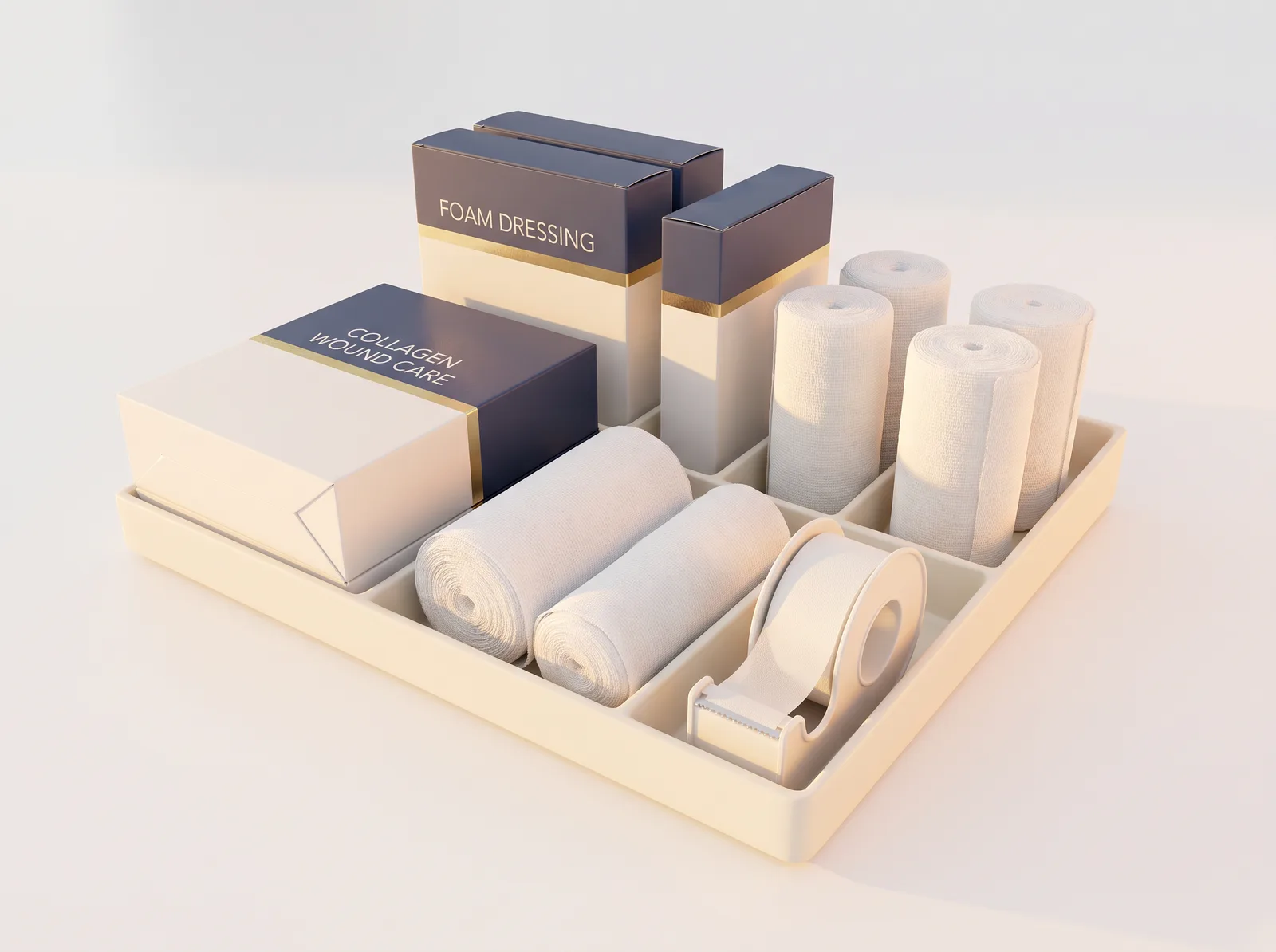 Organized wound care dressing supplies on a clean surface