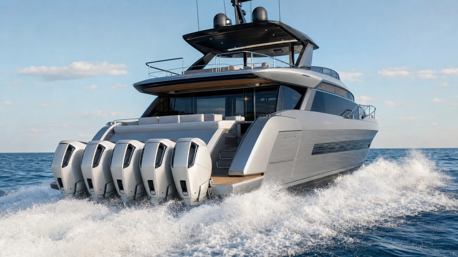 Phoenix Marine Project Verado flybridge motoryacht underway on open water, five outboard engines visible