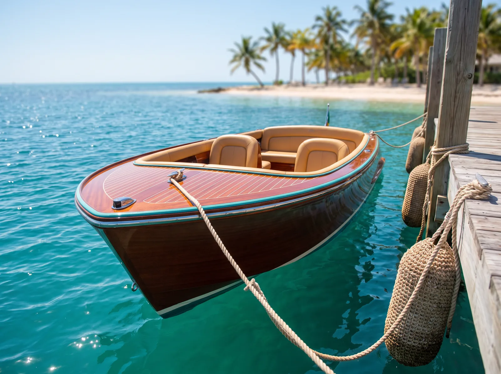 Small luxury runabout tender boat moored at a dock on calm water