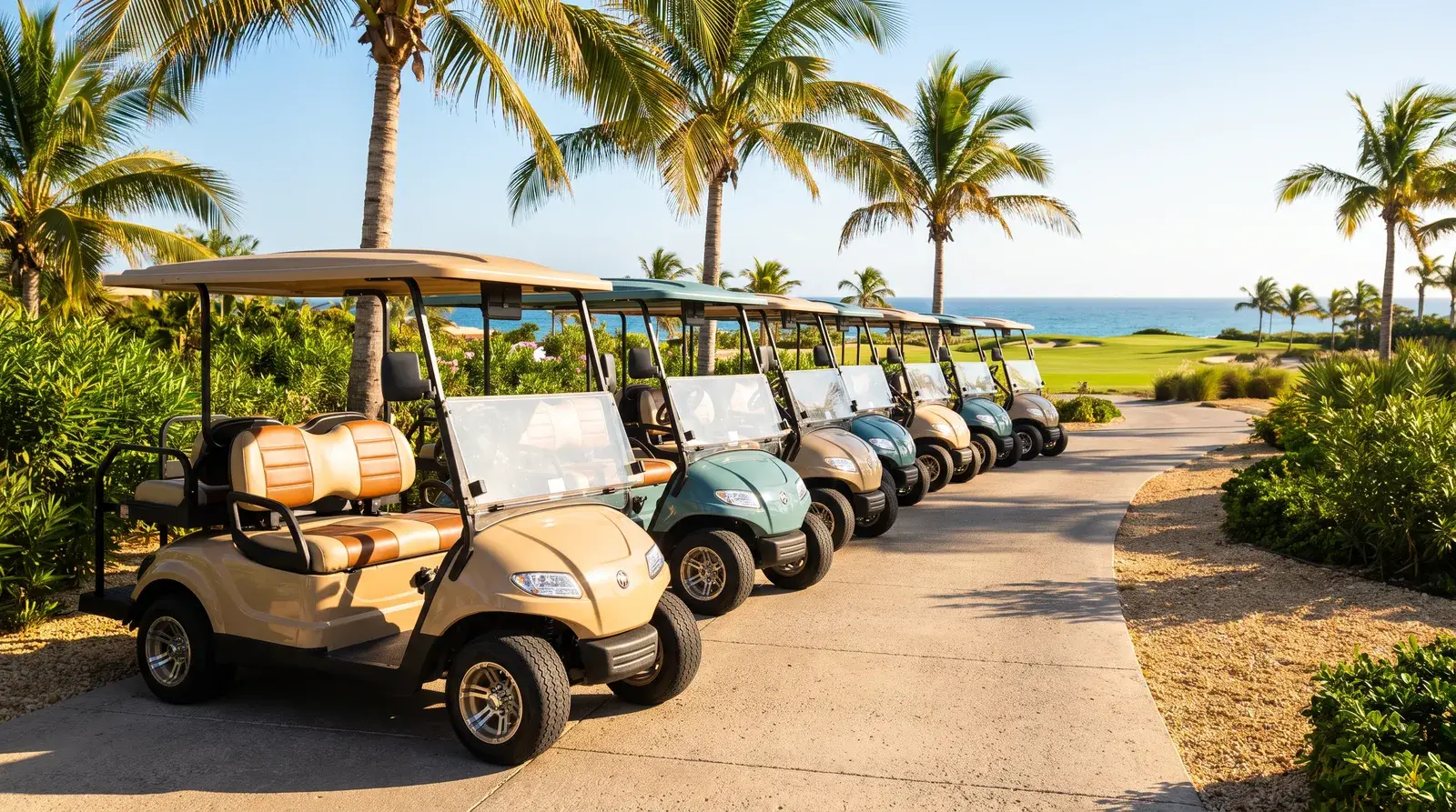 Row of luxury golf carts on a resort path