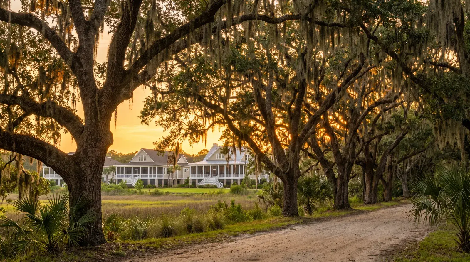 Live oak canopy avenue at Savannah Lakes, South Carolina, at dusk