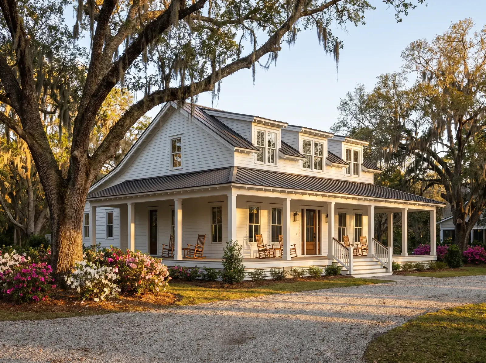 New-construction Southern lowcountry home with a wraparound porch