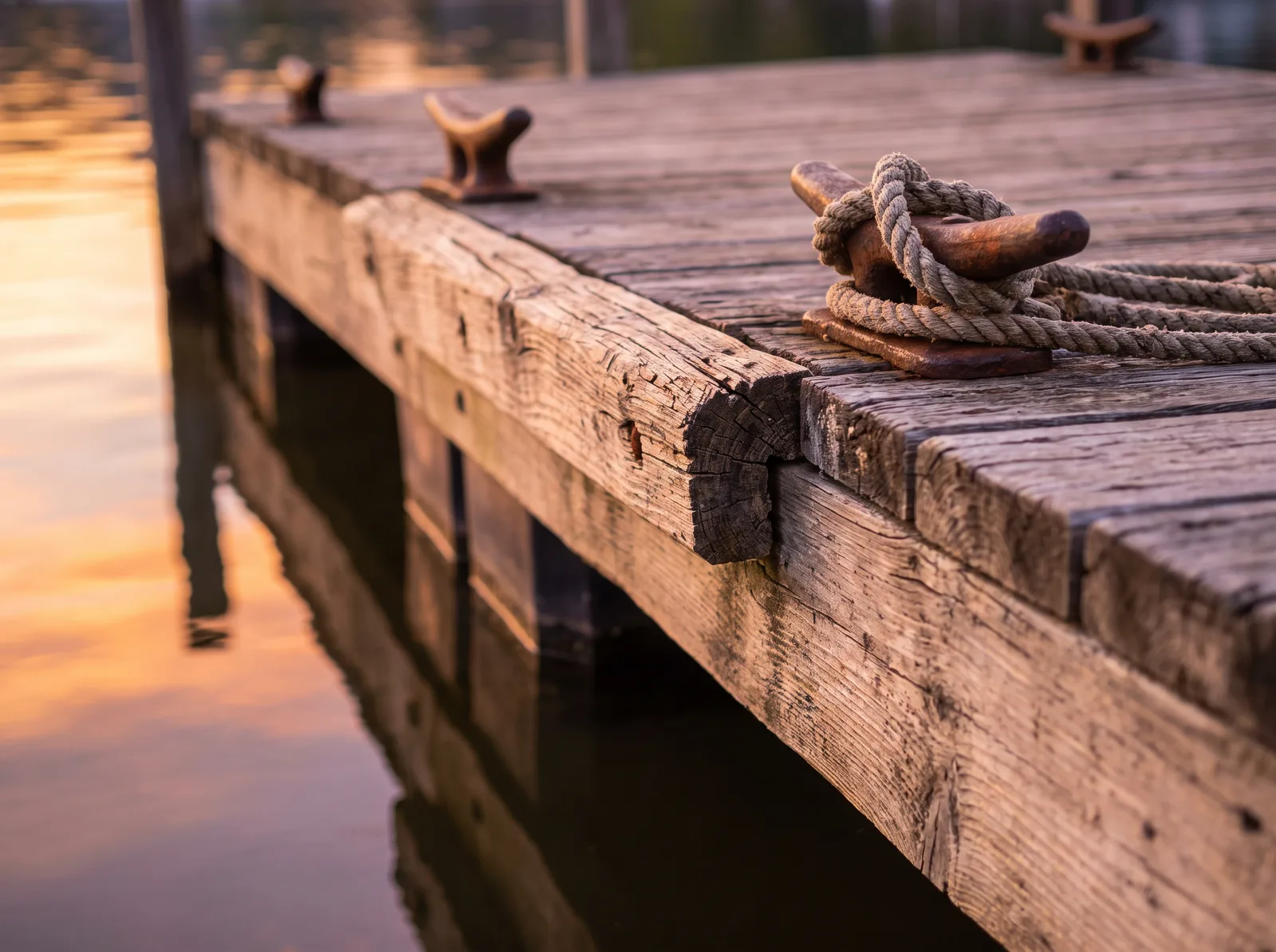 Weathered wooden dock detail with mooring cleats over calm lake water