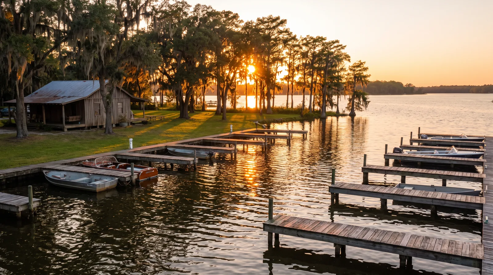 Calm marina dock at Savannah Lakes at golden hour