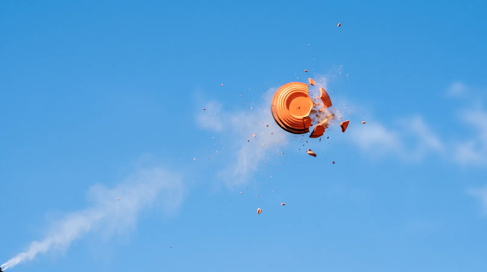 Orange clay target shattering mid-air against a blue sky
