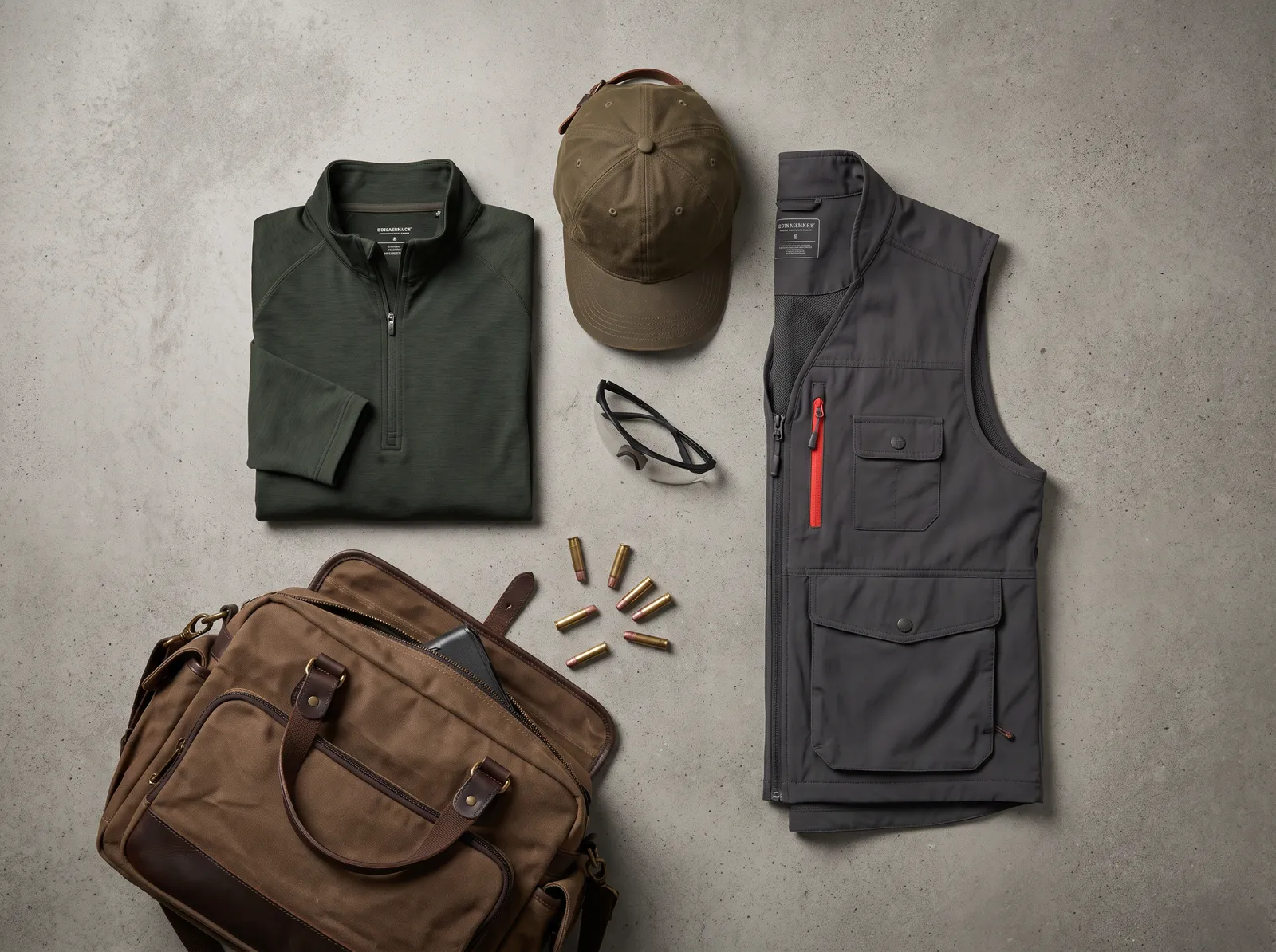 Flat lay of premium technical shooting sports apparel including a performance shirt, vest, cap, and range bag